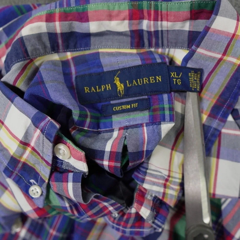 Ralph Lauren Plaid Button Down Shirt Mens XL Blue‎ Custom Fit Preppy Red Pony